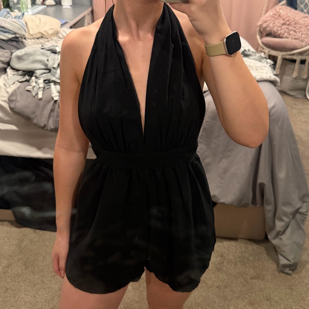 SHEIN Black Halter Plunge Romper